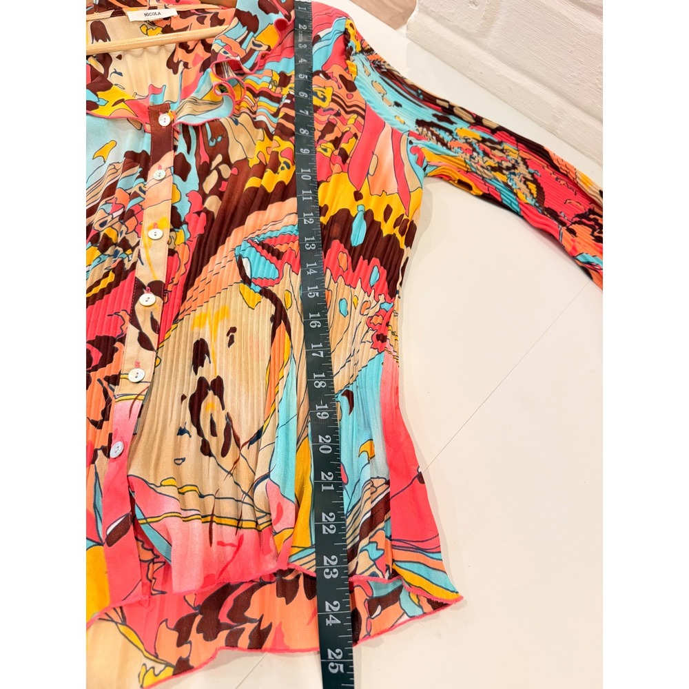 Nicola Women Butterfly‎ Print Plisse Pleated Blouse Pink Blue Y2K Bell Sleeve L - Picture 9 of 12